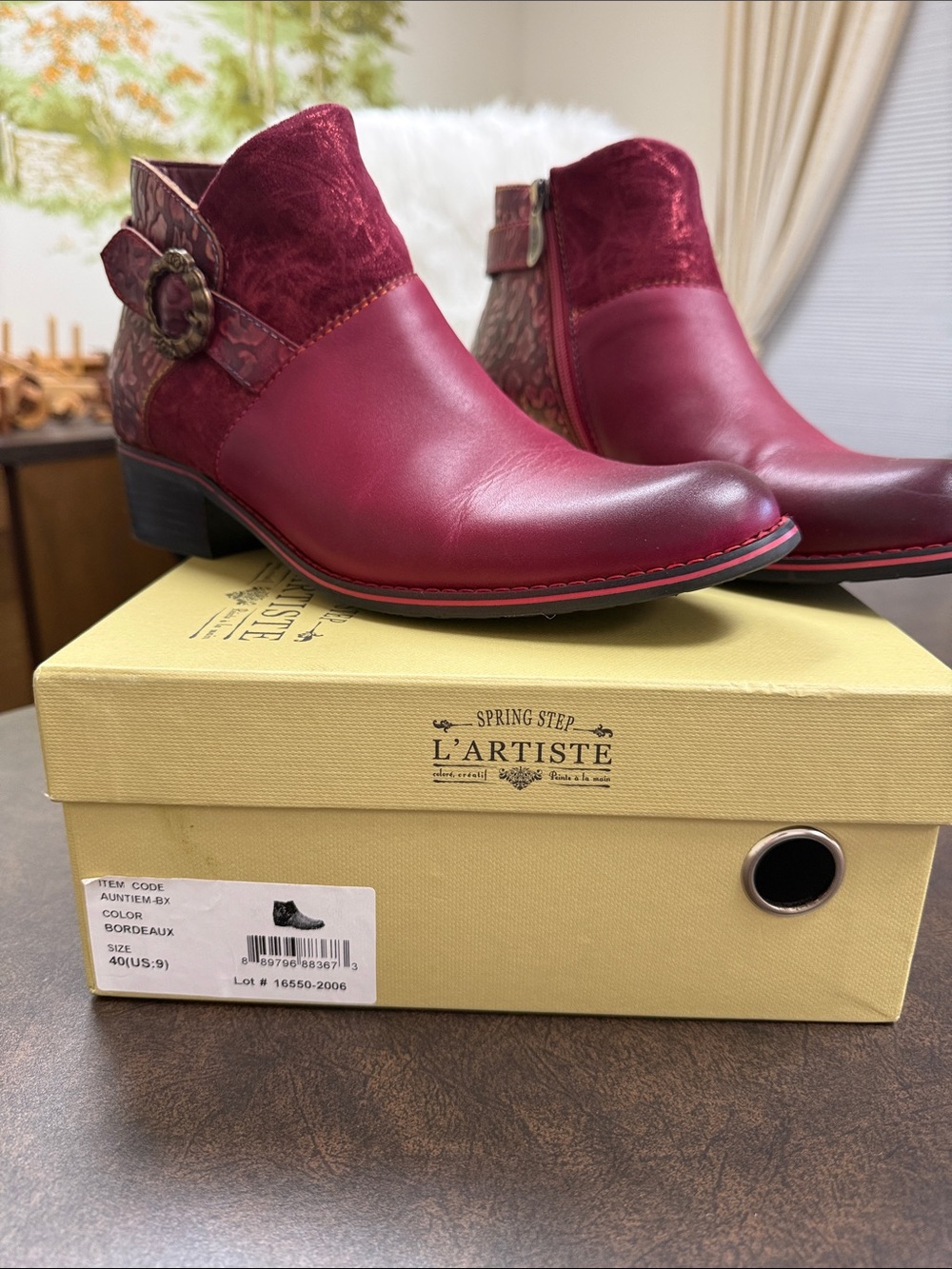 L'ATISTE Burgundy Leather & Suede Ankle Booties with Decorative Buckle